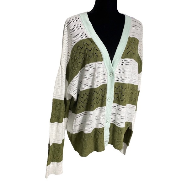 Talbots Green & White Mint Striped Cotton Linen Blend Cardigan Sweater - Picture 3 of 10